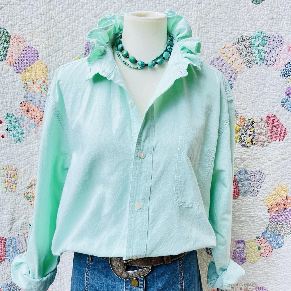 Upcycled Country Club Chaps Mint Green Preppy Oxford Cloth Ruffle Collar Shirt L